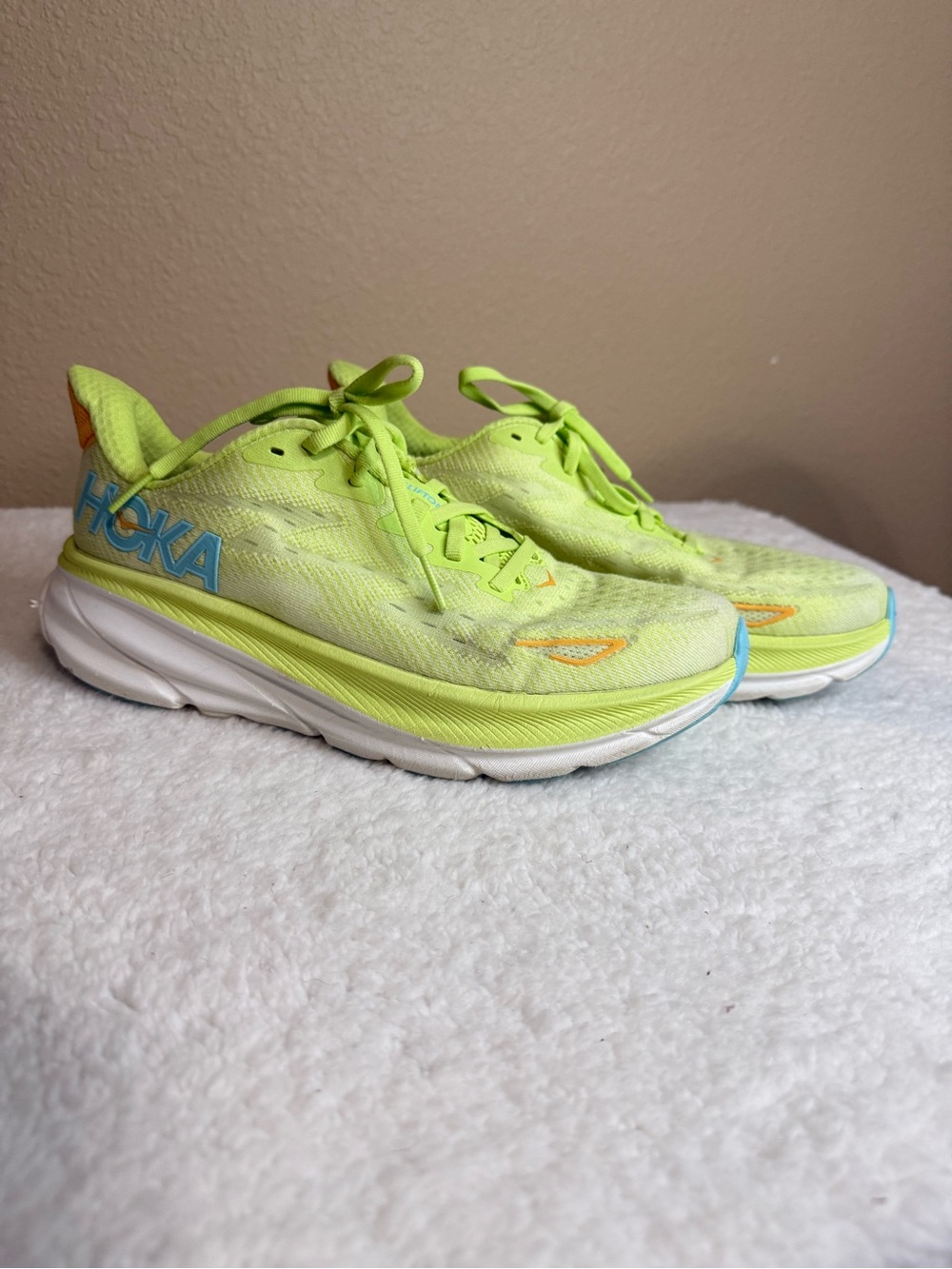 Hoka Neon Lime Green Athletic Running Shoes with Blue Logo